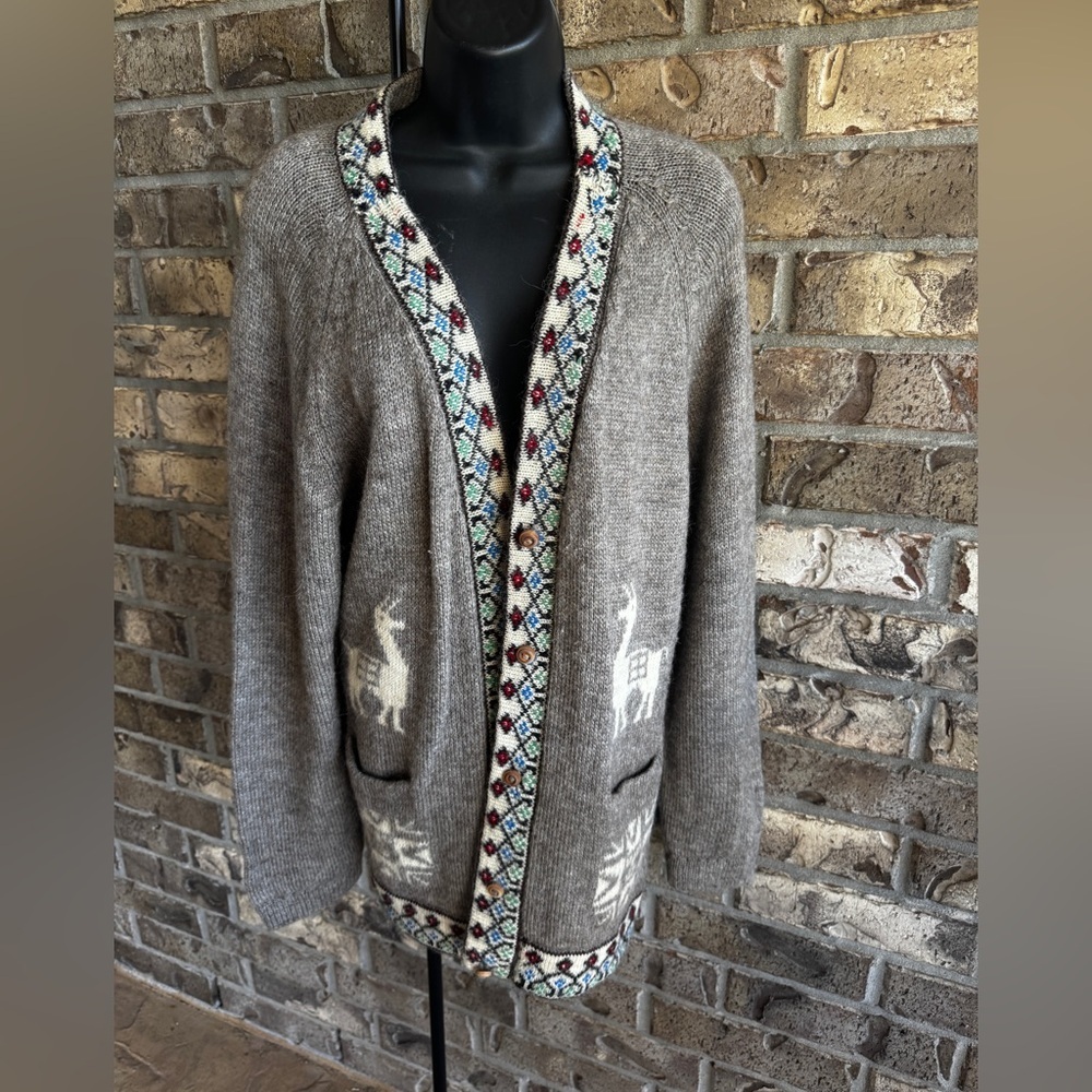 Vintage Alpaca Llama Cardigan Sweater Peruvian Aztec Boho Western Wool Blend M - Picture 3 of 12